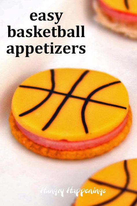 cracker topped with ham and a round slice of cheese decorated like a basketball March Madness Appetizers, Basketball Watch Party, March Madness Food, Basketball Food, Basketball Themed Birthday Party, Basketball Birthday Cake, March Madness Parties, Basketball Cookies, Sports Snacks