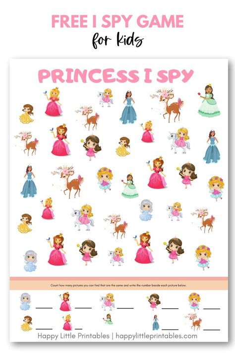 I spy game for kids to download and print at home. Disney Princess Activities, Disney Princess Games, Spy Games For Kids, Princess Activities, Halloween Bingo Game, Printable Games For Kids, Princess Games, Halloween Bingo, Free Games For Kids