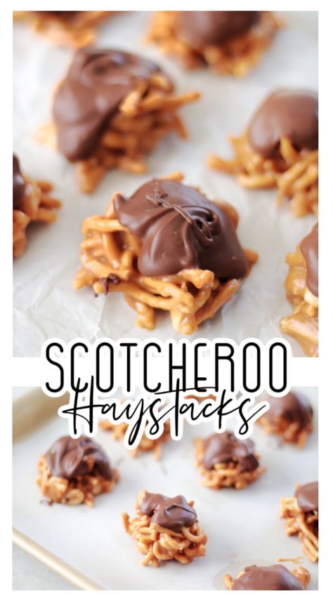 Scotcheroo haystacks are crunchy, coated in peanut butter sauce, and absolutely delicious. If you grew up loving Scotcheroos and butterscotch haystacks you'll love these! Butterscotch Haystacks, Haystacks Recipe, Haystack Cookies, Best Cookie Recipe Ever, Pan Cookies, Christmas Baking Recipes, Peanut Butter Sauce, Salty Treats, Fabulous Christmas