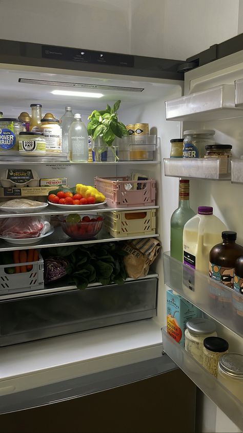 Weekly fridge restock and organisation ✨ I love the pastel crates they are so cute 🥰 Big Fridge Aesthetic, Small Fridge Aesthetic, Aethstetic Fridge, Stocked Fridge Aesthetic, Full Fridge Aesthetic, Fridge Inspiration, Aesthetic Fridge, Fridge Aesthetic, Future Collage