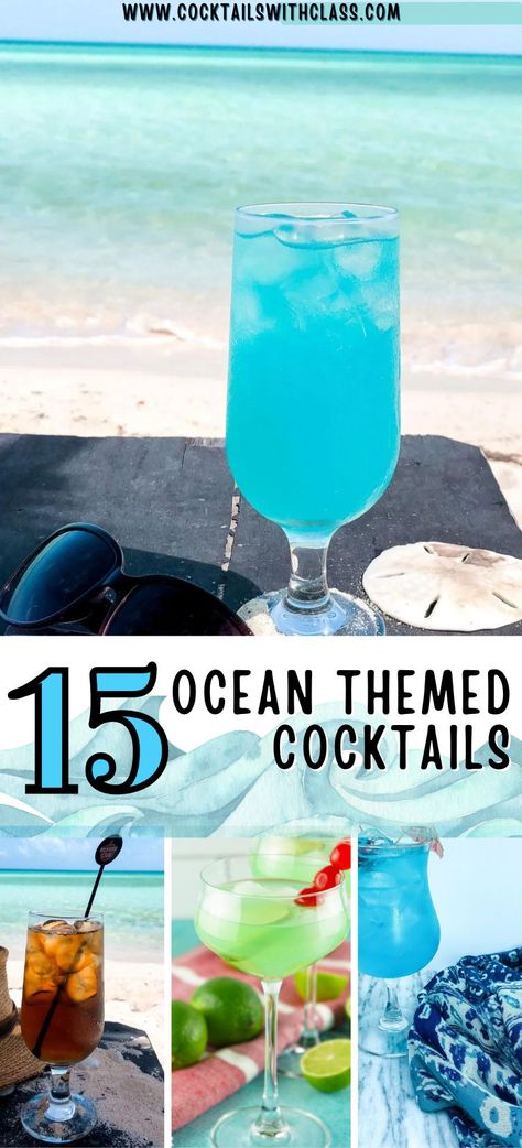 You will love these ocean themed cocktails! Perfect cocktails for a beach party or beach house party drinks menu. Summer pool party cocktails, blue drinks menu, tropical drinks, sea themed cocktails, mermaid cocktails, mermaid drinks Beach Theme Alcoholic Drinks, Nautical Themed Alcoholic Drinks, Ocean Themed Alcoholic Drinks, Ocean Theme Alcohol Drinks, Ocean Drinks Alcohol, Under The Sea Alcoholic Drinks, Under The Sea Drinks Alcohol, Underwater Cocktails, Beach Theme Bar Ideas