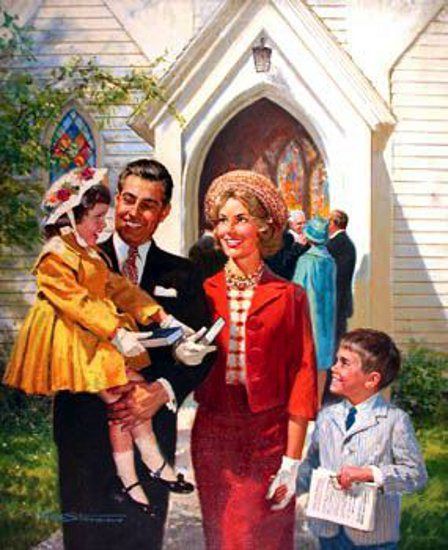 Happy Family Leaving Church Reminds me of when I was little <3 Book Parody, Vintage Housewife, Postal Vintage, Ladybird Books, Family Art, Norman Rockwell, Vintage Life, American Dream, Vintage Pictures