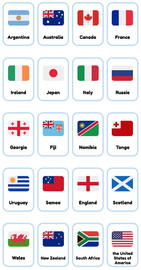 English Rugby World Cup 2019 Countries Flashcards - free and printable. Full set on website #teachenglish #learnenglish #studyenglish #ESL Countries Of The World Activities, Flags Of The World Printable Free, Zastave Sveta, World Flags Printable, World Flags With Names, World Cup Countries, Online Flashcards, United Nations Flag, English World