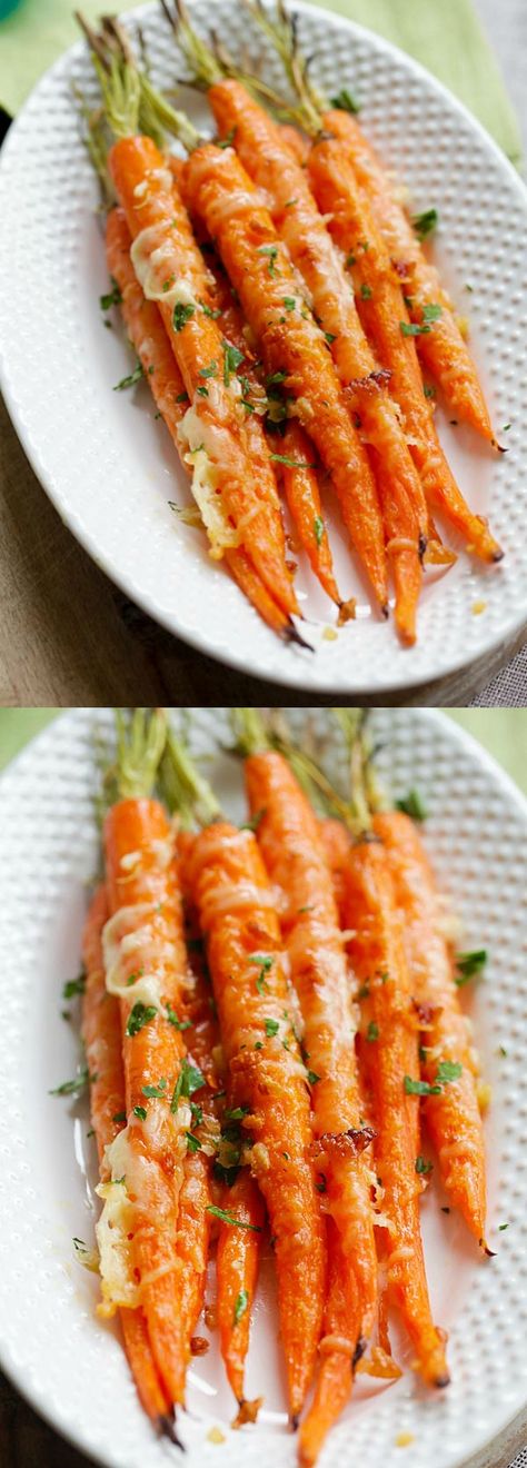 Garlic Parmesan Roasted Carrots - Oven roasted carrots with butter, garlic and Parmesan cheese. The easiest and most delicious side dish ever | rasamalaysia.com Oven Roasted Garlic Parmesan Carrots, Garlic Parm Carrots, Garlic Parm Roasted Carrots, Roasted Carrots With Parmesan Cheese, Carrots Oven, Parmesan Roasted Carrots, Carrots In Oven, Malaysia Recipes, Oven Roasted Carrots