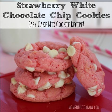 Strawberry White Chocolate Chip Cookie Recipe sq Strawberry White Chocolate Chip Cookies, White Chocolate Chip Cookies Recipes, Strawberry White Chocolate, White Chocolate Strawberries, Strawberry Cake Mix, White Chocolate Chip, Cake Mix Cookie Recipes, Chocolate Chip Cookies Recipe, Easy Chocolate Chip Cookies