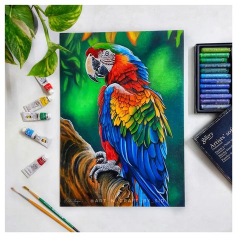 🧿 Macaw Parrot Acrylic + Oil Pastel Painting 🎨 🟥 FULL TUTORIAL VIDEO AVAILABLE ON YOUTUBE 🟥 🎨 Paper - BRUSTRO Mixmedia A3 sheet 300gsm 🎨 Paint - Fevicryl Acrylic colours + MUNGYO GALLERY Artist's Oil Pastels . . . . #acrylicpaintingonpaper #oilpastelpainting #oilpastelart #mixmediaart #brustropaper #artoftheday #artist #art #drawing #youtube #video #tutorial #artistsoninstagram #paintingart #paintingoftheday #macaw #macawparrot #parrot #colorful #paradise #birdofparadise #artgallery Oil Pastel Colour Drawing, Macaw Parrot Painting, Nature Drawing Pictures, Macaw Art, Pencil Tutorial, Parrot Painting, Oil Pastel Colours, Colored Pencil Tutorial, Drawing Pictures