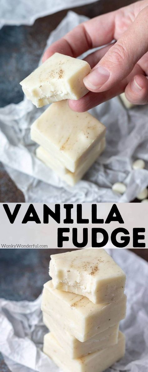 This Vanilla Fudge Recipe is so quick and easy to make. White chocolate microwave fudge with flecks of flavorful vanilla beans will be a holiday dessert favorite. #fudgerecipe #vanillafudge… More Vanilla Bean Fudge Recipe, Microwave Vanilla Fudge, Fudge Recipes Vanilla, Vanilla Fudge Recipe Condensed Milk, Wedding Cake Fudge Recipe, Fudge Recipes Microwave, Easy White Chocolate Desserts, Divinity Fudge Recipe, Fancy Fudge Recipe