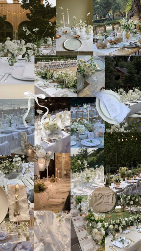 White wedding dinner party reception aesthetic bows green and white theme Round Wedding Reception Tables, White Dinner Party, White Wedding Table Decor, Small Backyard Wedding, Dream Wedding Decorations, White Wedding Theme, Wedding Types, White Dinner, Wedding Inspiration Board