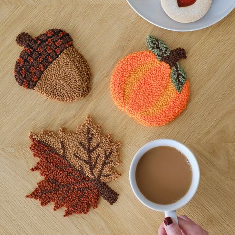 How to Make Autumn Punch Needle Coasters | Hobbycraft UK Autumn Punch, Punch Needle Coasters, Kids Punch, Halloween Punch, Mug Rug Patterns, Cute Coasters, Punch Needle Patterns, Craft Punches, Paper Quilling Designs