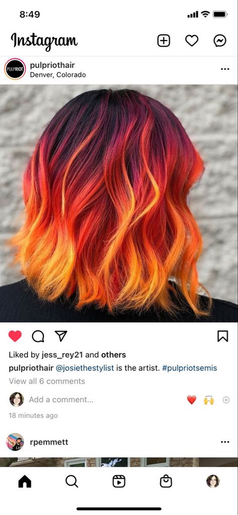 Orange Hair Colors, Fire Ombre Hair, Fire Hair Color, Orange Ombre Hair, Sunset Hair Color, Flame Hair, Red Orange Hair, Sunset Hair, Pulp Riot Hair Color