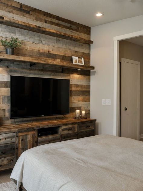 Create a stunning accent wall for your bedroom by mounting a sleek TV and framing it with reclaimed wood or decorative wallpaper. Complete the look with floating shelves to display your favorite decor pieces and add a touch of personality to the space. Bedroom Accent Wall With Tv, Accent Wall With Tv, Accent Tv Wall, Wall With Tv, Bedroom Accent Wall, Decorative Wallpaper, Bedroom Accent, Accent Wall Bedroom, Decor Pieces