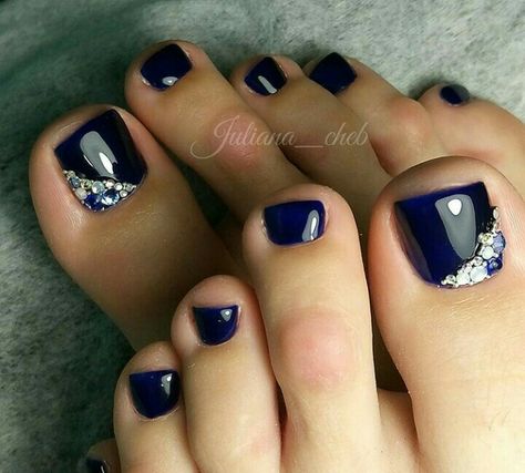 Dark Blue Rhinestone NailArt Pedicure Navy Blue, Dark Blue Nails Rhinestone, Dark Blue Pedicure Ideas, Dark Blue Toenails, Dark Blue Nails With Rhinestones, Navy Toe Nails, Navy Blue Pedicure, Dark Blue Pedicure, Dark Blue Toe Nails