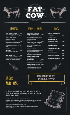 Steakhouse Menu Template Designs - Easy to Edit - MustHaveMenus Butcher Menu Design, Steakhouse Menu Ideas, Steakhouse Menu Design, Bbq Restaurant Menu Ideas, Meat Menu Design, Bbq Menu Design, Wood Menu Board, Steak House Menu, Steakhouse Design