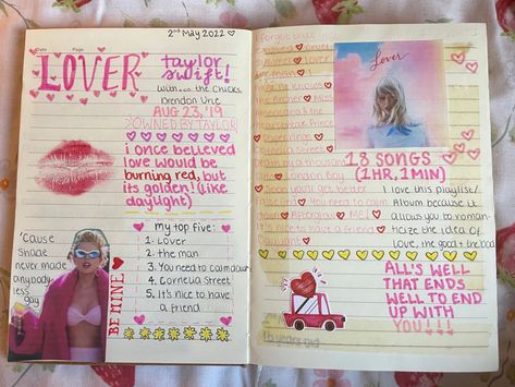 Lover Album Journal, Lover Scrapbook Taylor Swift, Lover Journal Taylor, Taylor Swift Journal Ideas Lover, Taylor Swift Lover Journal, Song Diary Ideas, Taylor Swift Notebook Ideas, Song Book Journal, Song Journal Ideas