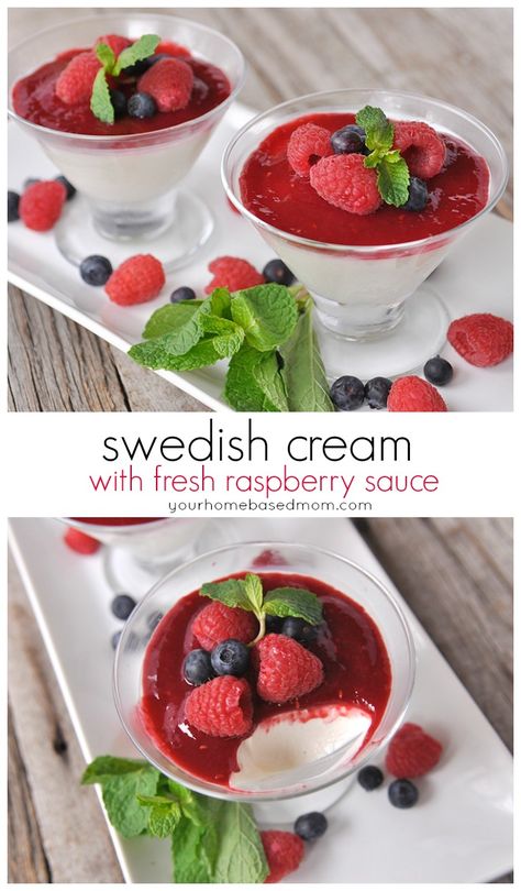 Swedish Cream with fresh raspberry sauce - the perfect treat for your non chocolate lovers for Valentine’s Day! Swedish Meals, Swedish Cream, Fresh Raspberry Sauce, Cream Desserts Recipes, Raspberry Recipes, Scandinavian Food, Raspberry Sauce, Sandwich Cake, Swedish Recipes