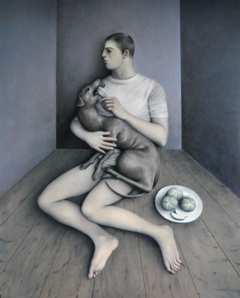 James Mortimer | Feeding Dog James Mortimer, Ray Caesar, Mark Wright, Visual Puns, Dog Feeding, London Art, Gay Art, Art Fair, Contemporary Paintings