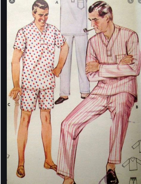 Other than that man would basically just wear like a regular white shirt or with boxers nothing really to special or just like no shirt with some pj bottoms. Pajamas Sewing Pattern, Pajamas Sewing, Mad Men Style, Party Outfit Men, Men's Pajamas, Berlin Design, Vintage Pajamas, Mens Fashion Illustration, Mad Men Fashion