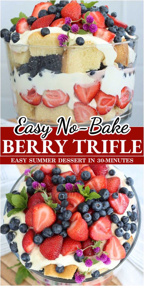 Berry trifle in clear glass dish with pound cake, strawberry slices and fresh berries. Easy Berry Trifle Recipe, Easy July 4th Desserts, Summer Picnic Desserts, Angel Food Trifle, Fresh Berries Dessert, Angel Food Cake Trifle, Berry Trifle Recipe, Summer Trifle, Angel Food Cake Desserts