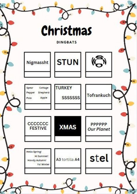 This is a digital product. There will be no physical product mailed to you. You are responsible for printing! This is an instant download file.                                                                                                  *Please note that the files are non-editable                                                                                           W H A T ' S ? DINGBATS What is a "Dingbat": Dingbats are visual word puzzles from which a well known phrase or saying has to Christmas Rebus Puzzles Free Printable, Christmas Dingbats With Answers, Word Puzzles For Adults, Christmas Dingbats, Christmas Picture Quiz, Christmas Puzzles Printables, Christmas Game For Kids, Word Brain Teasers, Brain Gym For Kids