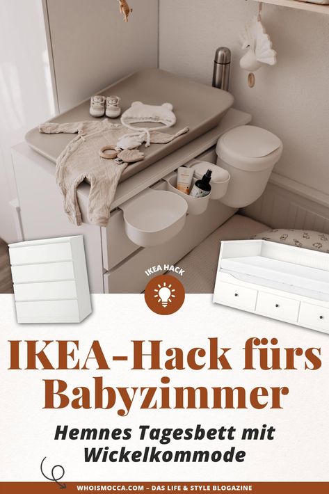 IKEA-Hack fürs Babyzimmer: So haben wir aus Hemnes Tagesbett und Malm Wickelkommode einen individuellen Wickelbereich geschaffen. Mehr am Mamablog www.whoismocca.com Ikea Baby Room, Ikea Baby, Ikea Nursery, Parents Bedroom, Baby Deco, Baby Nursery Inspiration, Baby Room Organization, Baby Zimmer, Nursery Room Design