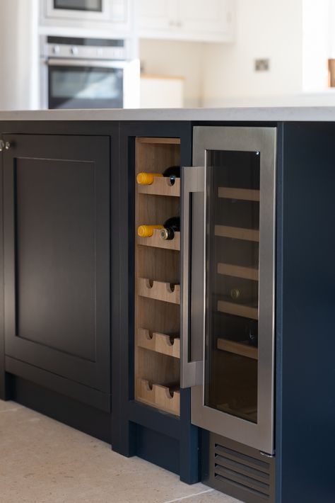 Wine Fridge Island, Wine Storage Kitchen, Kitchen Wine Fridge, Narrow Kitchen Island, Grey Shaker Kitchen, Wine At Home, Kitchen Island Storage, Shaker Kitchens, Built In Wine Rack