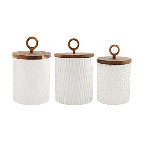 Mud Pie 49300035 85 Stoneware Canister Set, Cream, Small 8" x 4.5" | Medium 9.25" x 5.25" | Large 10.75" x 6", 50 3 Piece Kitchen Canister Set, Kitchen Canister Set, Kitchen Utensil Holder, Coordinating Patterns, Kitchen Canisters, Canister Sets, Mud Pie, Canisters, Surface Design