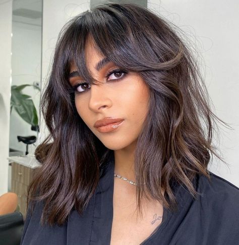 Shattered Chocolate Brown Lob with Curtain Bangs Brunette Fall Hair 2023 Bangs, Dark Hair Balayage Bangs, Brunette Fall Hair 2023 Short, Brunette Bangs Shoulder Length, Brunette Balayage Hair With Bangs, 2024 Hair Cuts, Brunette Fall Hair 2023, Long Lob Haircut, Lob Haircut Layered