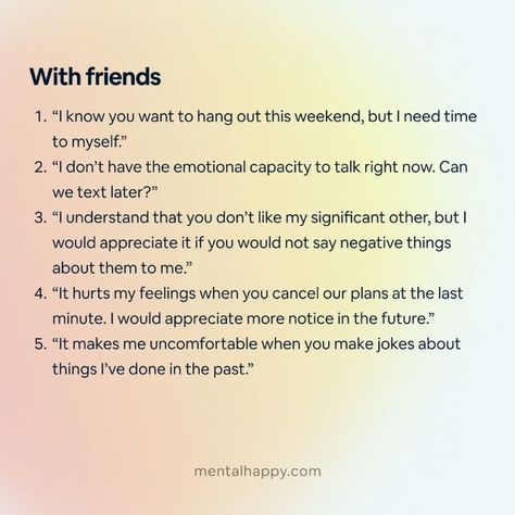 Communicated boundaries are not just a form of self-care, they are a form of self-respect. Having boundaries lets others know what you're willing to accept and allow into your life, which can feel empowering!


Did any of these examples resonate with you? What boundaries do you want to set for yourself?

#HealthyBoundaries #BurnOutRecovery #WorkLifeBalanced #CourageOverComfort #boundariesarehealthy #BoundarySetting #setboundaries #PeoplePleaser Respect Examples, Healthy Boundaries Relationships, Having Boundaries, Boundaries Quotes, Burnout Recovery, Set Boundaries, It Hurts Me, Healthy Boundaries, Therapy Worksheets