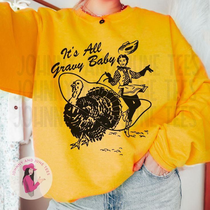 Embrace the spirit of Thanksgiving with our "It's All Gravy Baby Thanksgiving Sweatshirt," a cozy and stylish piece that perfectly captures the joy of the holiday season. Ideal for family gatherings or cozy nights in, this Western-inspired cowgirl turkey sweater is sure to turn heads--grab yours today and celebrate in comfort and style!It's All Gravy Baby Thanksgiving Sweatshirt, Western Thanksgiving Sweatshirt, Cowgirl Turkey Sweater, Matching Thanksgiving PRODUCT DETAILS -100% cotton (Heather Western Thanksgiving, Baby Thanksgiving, Johnny And June, Sweatshirt Western, Bff Things, Thanksgiving Sweatshirt, Thanksgiving Baby, Comfort Colors Sweatshirt, Thanksgiving Shirt