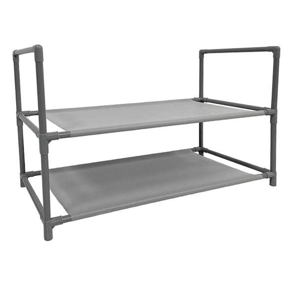 two tiered metal shelf with wheels on each side and one shelf below the top