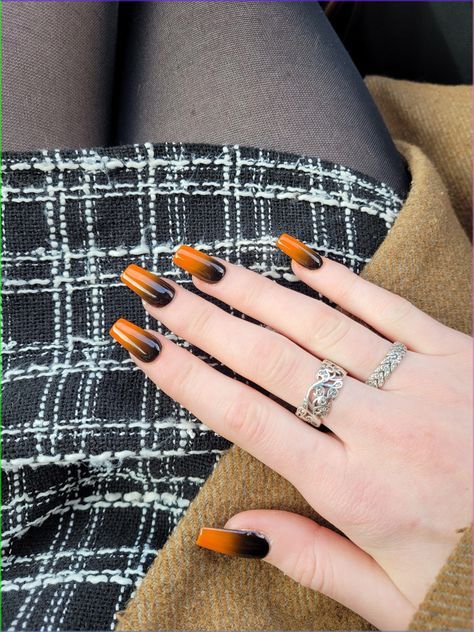 Orange And Black Ombre Nails Halloween, Black And Orange Nails Almond Shape, Black Orange Ombre Nails, Black And Orange French Nails, Black To Orange Ombre Nails, Black And Orange Ombré Nails, Orange Black Ombre Nails, Orange White And Black Nails, Black Nails Orange Tips