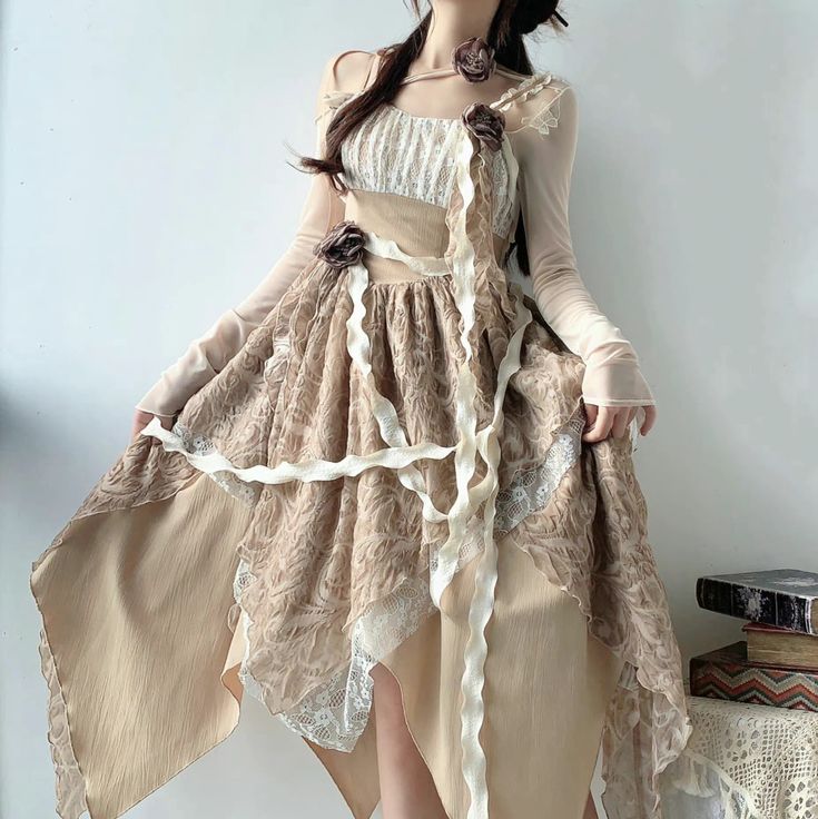 This price includes the dress and the ribbon only, others are not included.   	 		 			Size 			S 			M 			L 		 		 			Full Length 			110 			113 			116 		 		 			Bust 			80-99 			85-94 			90-109 		 		 			Waist 			60-79 			65-84 			70-89 Long Sleeve Balletcore Dress For Summer, Beige Patchwork Dress For Party, Beige Balletcore Dress For Party, Long Sleeve Fairycore Costume Dresses, Fairycore Cream Party Dress, Fairycore Cream Dress For Party, Cream Fairycore Party Dress, Beige Fairycore Dress For Spring, Summer Costume Dress With Long Sleeves