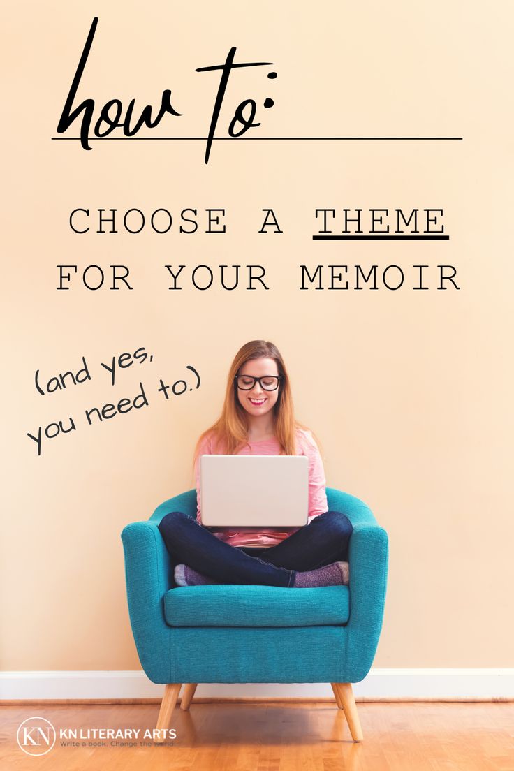 a woman sitting on a blue chair with a laptop in her lap and the words how to choose a theme for your memory