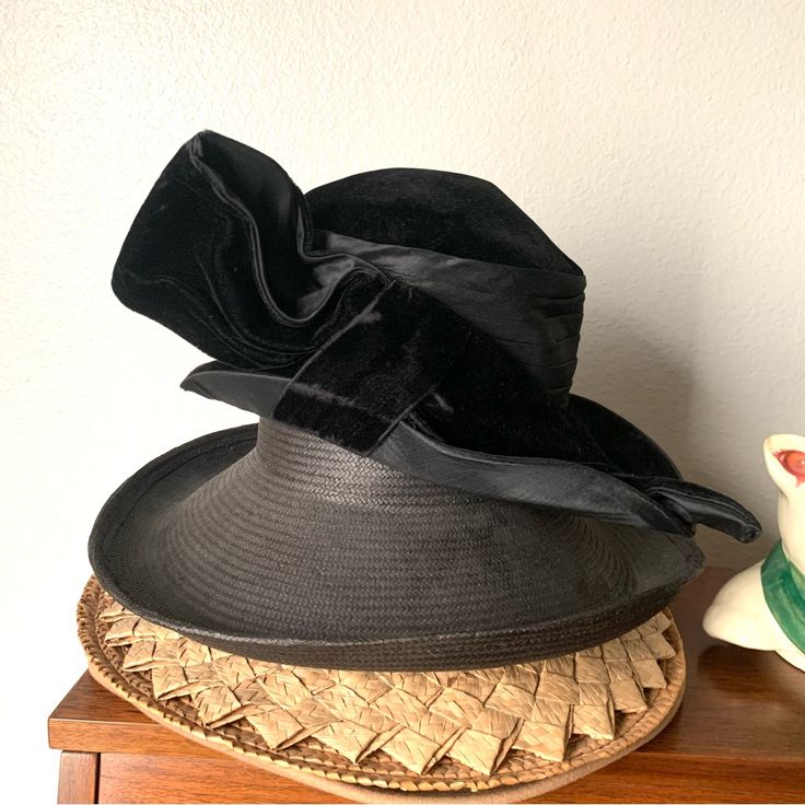 Early 1900s Marchelle Hats Velvet And Silk Bow Hat In Overall Great Preowned Condition For Its Age A Little Thinning Of The Velvet In A Couple Small Areas Very Light Dirt On The Inner Reasonable Offers Welcome Elegant Top Hat With Short Brim For Costume, Elegant Costume Top Hat With Short Brim, Elegant Short Brim Top Hat For Costume, Elegant Black Hat For Costume, Elegant Black Costume Hat, Vintage Brimmed Top Hat For Costume, Vintage Short Brim Top Hat For Costume, Victorian Top Hat With Short Brim For Formal Occasions, Victorian Formal Hat With Curved Brim