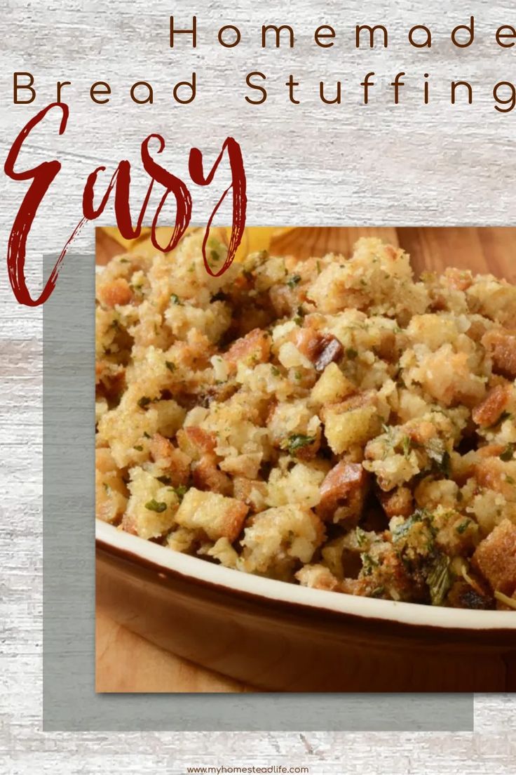 homemade bread stuffing casserole in a white bowl