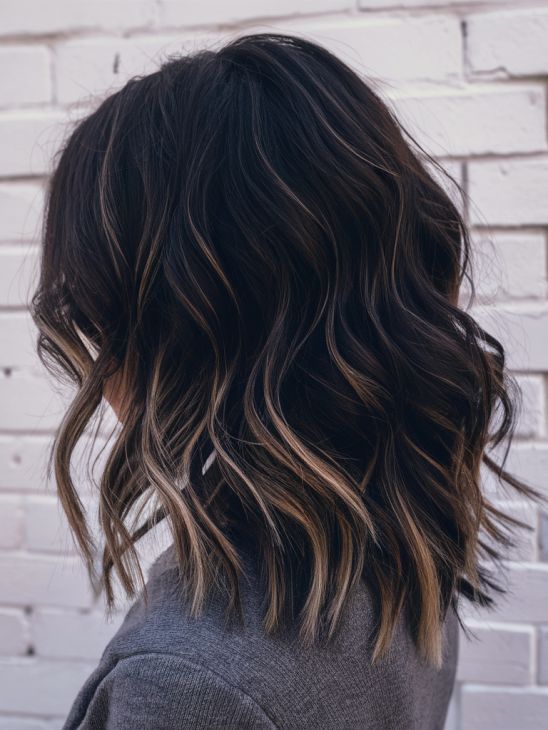 20 Trendy Dark Winter Hair Colors for 2024-2025: Ideas for Brunettes, Balayage & More Highlights That Look Good With Dark Brown Hair, Medium Hair Styles Balayage, Dark Brown Choppy Bob, Blackberry Balayage Hair, Dark Hair Highlights Ideas, Winter Hair Color For Brunettes Medium Length, Winter Dark Hair Color Brunettes, Different Highlights For Hair Dark Brown, Dark Brown Cool Tone Balayage