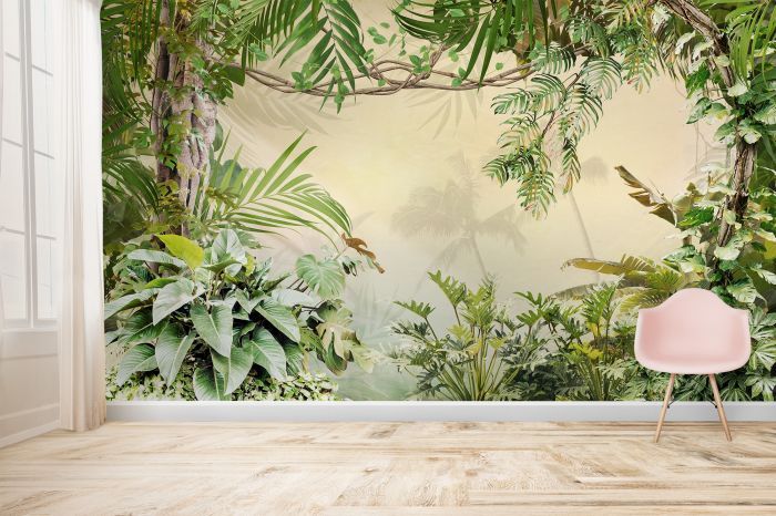 a room with a chair and wallpaper that has tropical plants on it, along with a pink chair in the foreground