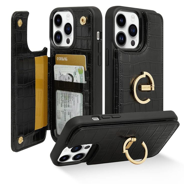 an iphone case with two card holders and a wallet in black crocodile skin, featuring gold hardware