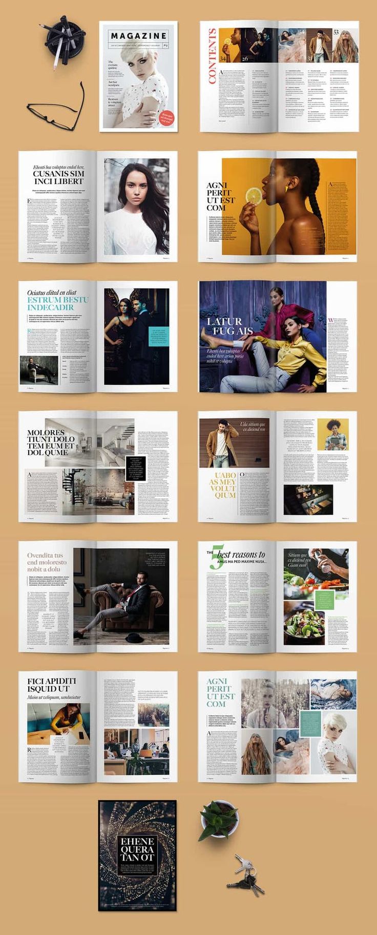 an open magazine with photos and text on the front, side and back pages in different colors