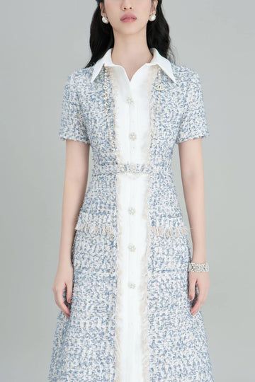 Yuki A-line Short Sleeved Tweed Midi Dress | MEAN BLVD