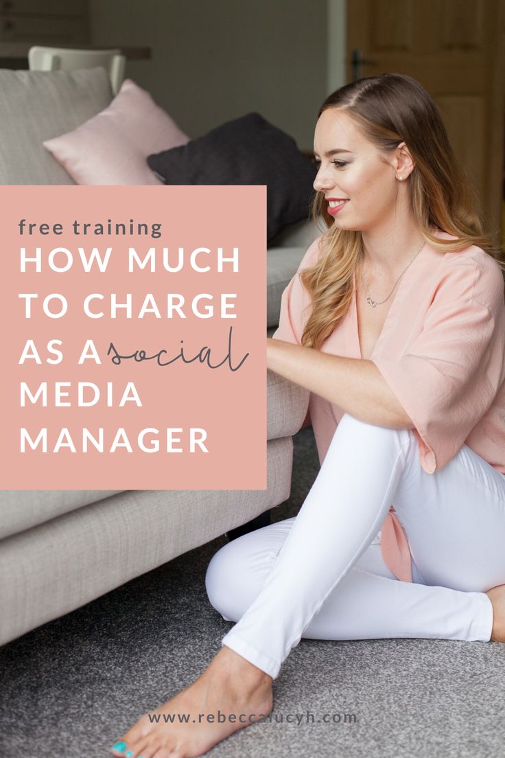 a woman sitting on the floor in front of a couch with text overlay reading how much to charge as a social media manager