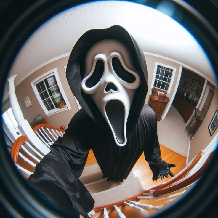 a person in a ghost mask is seen through a magnifying glass lens while standing on a wooden table