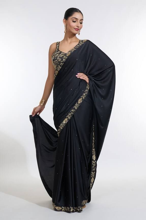 Black armani satin saree with a floral sequin and bead embroidered border. Paired with a floral embroidered padded blouse. - Aza Fashions Black Sequin Saree, Sarees Black, Sequin Saree, Padded Blouse, Border Saree, Satin Saree, Embroidered Border, Black Saree, Blouse For Women