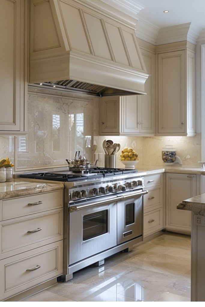 a kitchen with white cabinets and stainless steel stove top oven in the center of the room