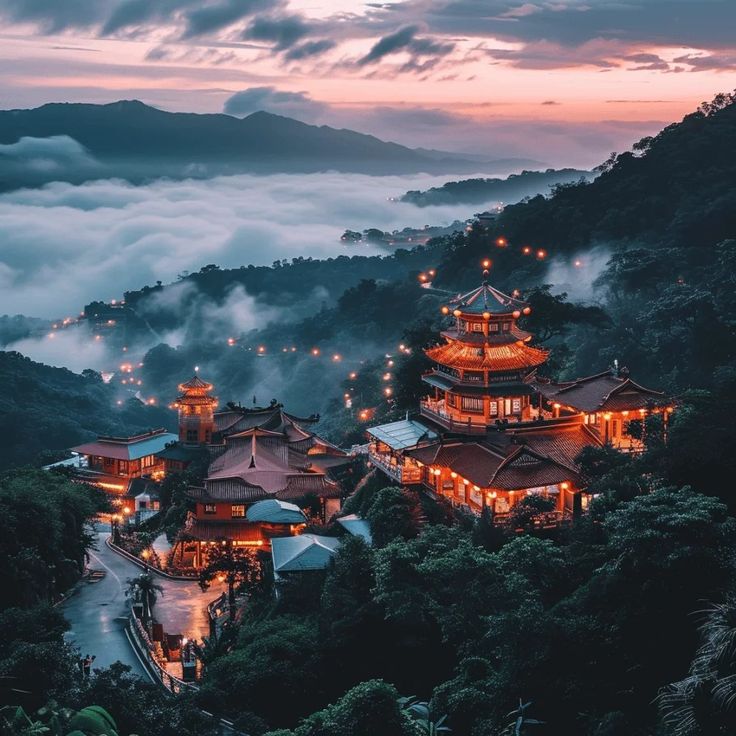 an aerial view of a chinese temple surrounded by fog and low lying clouds at dusk