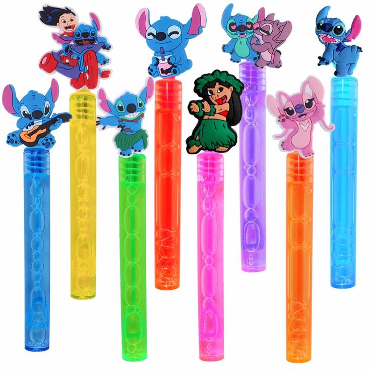 several different colored pens with cartoon characters on them