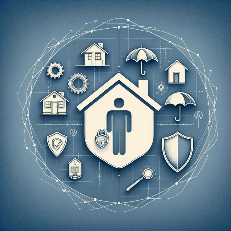 a man holding an umbrella standing in front of a house surrounded by security icons