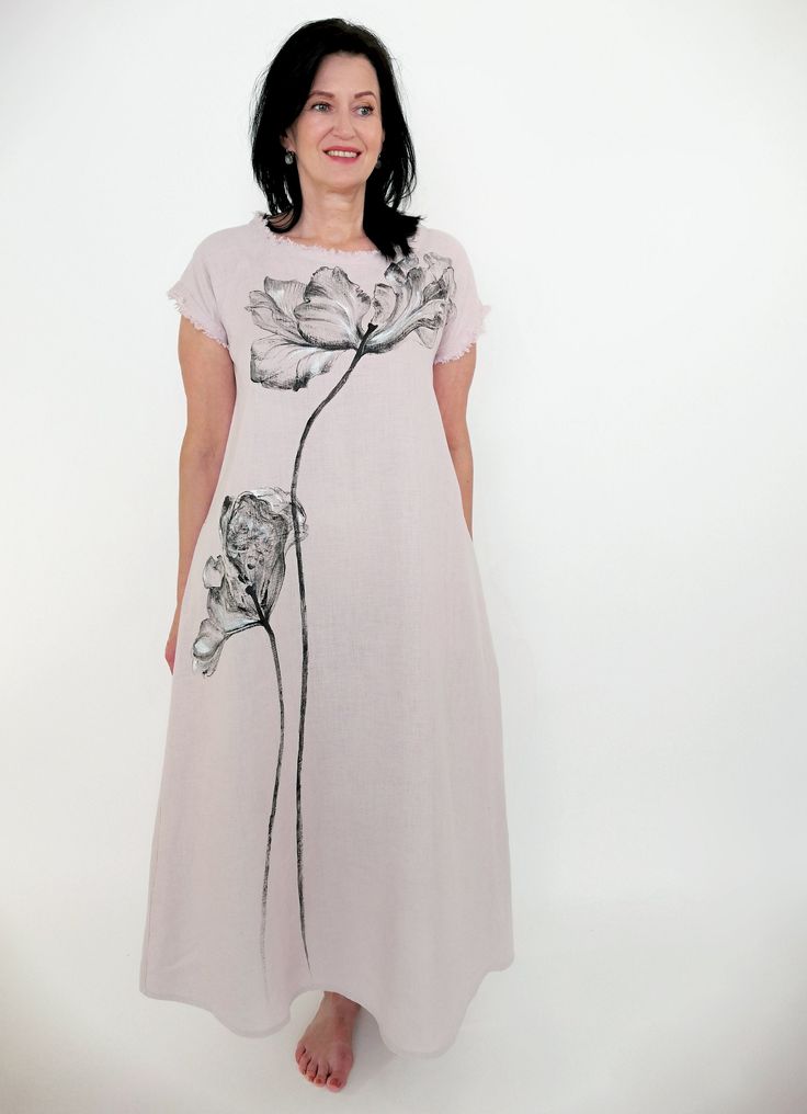 "Handmade 100% MaTuTu Linen Style maxi dress with pockets and belt. BE UNIQUE! This dress is unique, created in collaboration with the painter who drew these wonderful flowers on the dress created by MaTuTu Linen Style. You can order a dress with such flowers as well, just choose the color of the dress from the list of colors, and the painter will make a wonderful flower on it too. Note that it is a handmade drawing, so it could be non-identical as in the photo. *100% local medium weight washed Fabric Paint Shirt, Linen Loose Dress, Fashion Illustration Poses, Light Pink Shirt, Painted Clothes Diy, Pink Clothes, Simple Kurti Designs, Trendy Shirt Designs, Flowers Dress