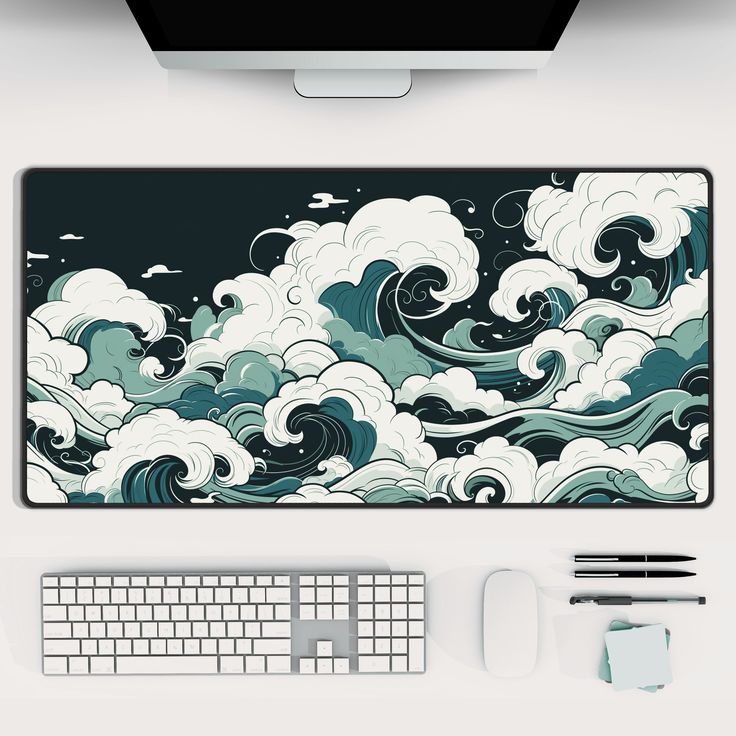 a computer monitor, keyboard and mouse on top of a desk with clouds in the sky