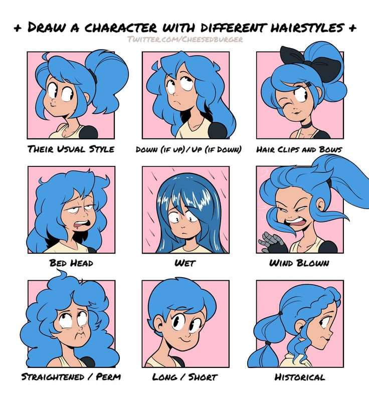 the different stages of hair styles for girls with blue hair and long, curly hair